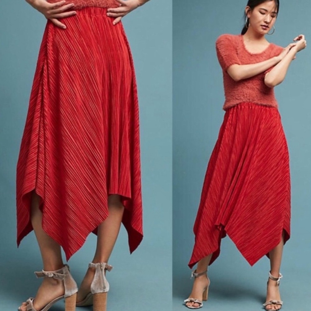 Anthropologie Asymmetrical Red Pleated Skirt